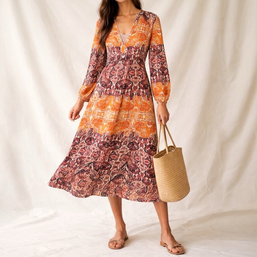 Agua Bendita Anthropologie Elayna Midi Dress S Orange Paisley Boho Cotton Lined